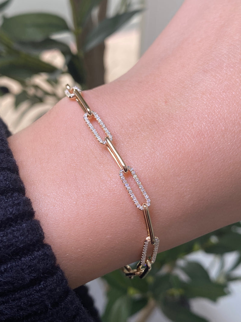 14K Gold 4MM Alternating Diamond Paper Clip Bracelet