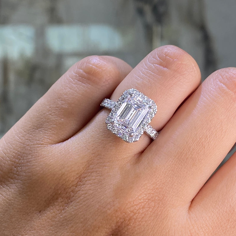 14K Gold 3.00 Carat Lab Grown Emerald Cut Diamond Cathedral Halo Engagement Ring