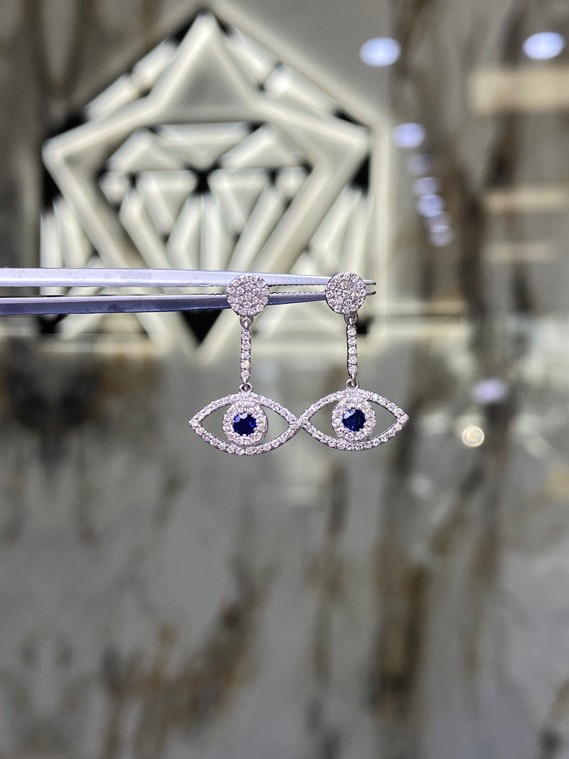 14K Gold Pavé Drop Evil Eye Diamond Stud Earrings