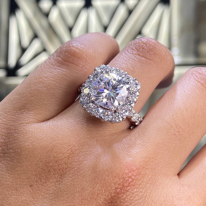 14K Gold 3.00 Carat Lab Grown Cushion Cut Diamond Wide Halo Engagement Ring
