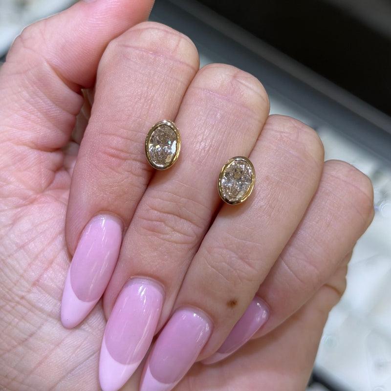 14K Gold Lab Grown Oval Diamond Bezel Stud Earrings