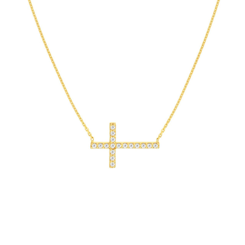 14K Gold Sideways Diamond Cross Pendant Necklace