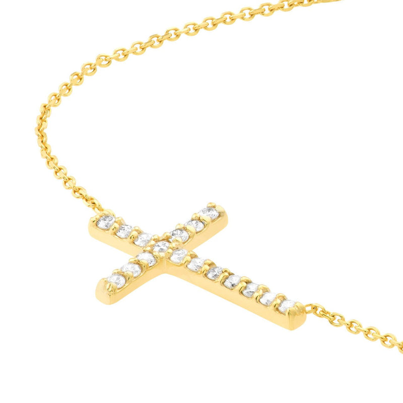 14K Gold Sideways Diamond Cross Pendant Necklace