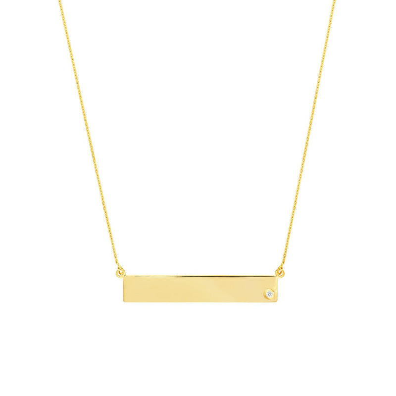 14K Gold Bar Pendant Necklace with Inset Diamond Bezel
