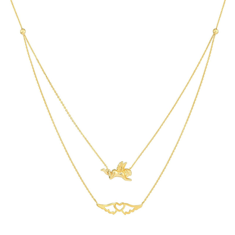 14K Gold Layered Heart Wings and Angel Necklace