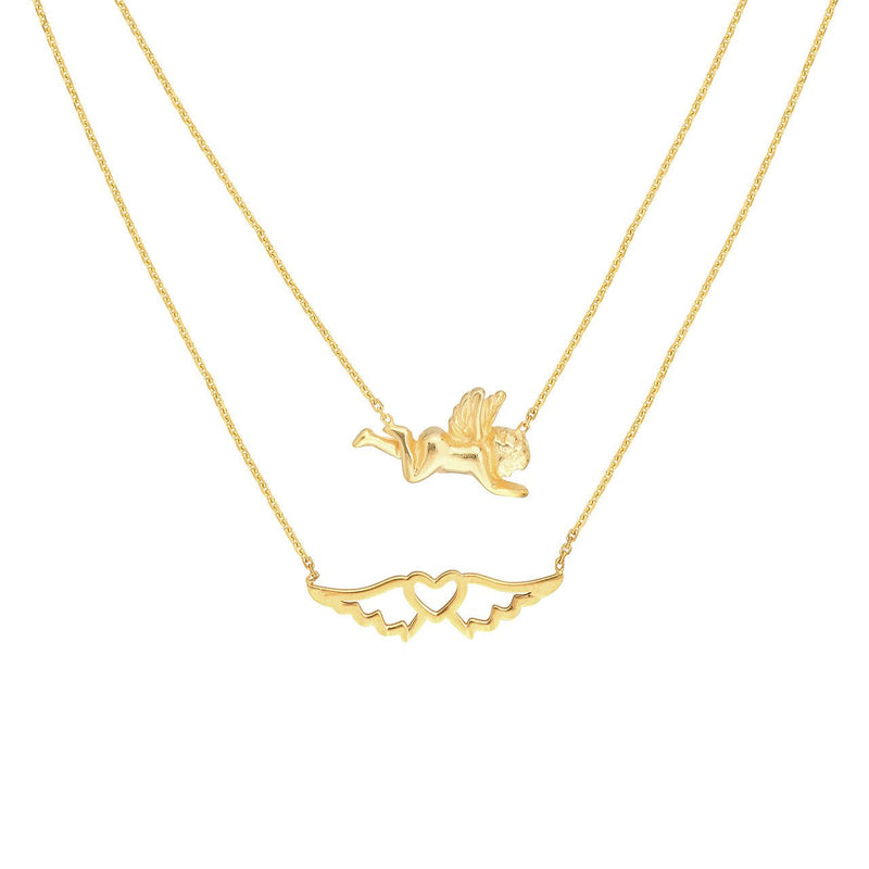 14K Gold Layered Heart Wings and Angel Necklace