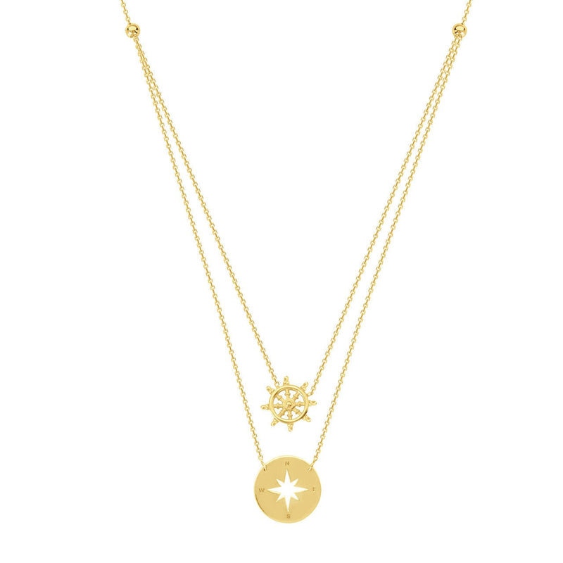 14K Gold Layered Hollow Compass and Helm Necklace