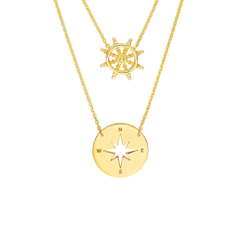 14K Gold Layered Hollow Compass and Helm Necklace