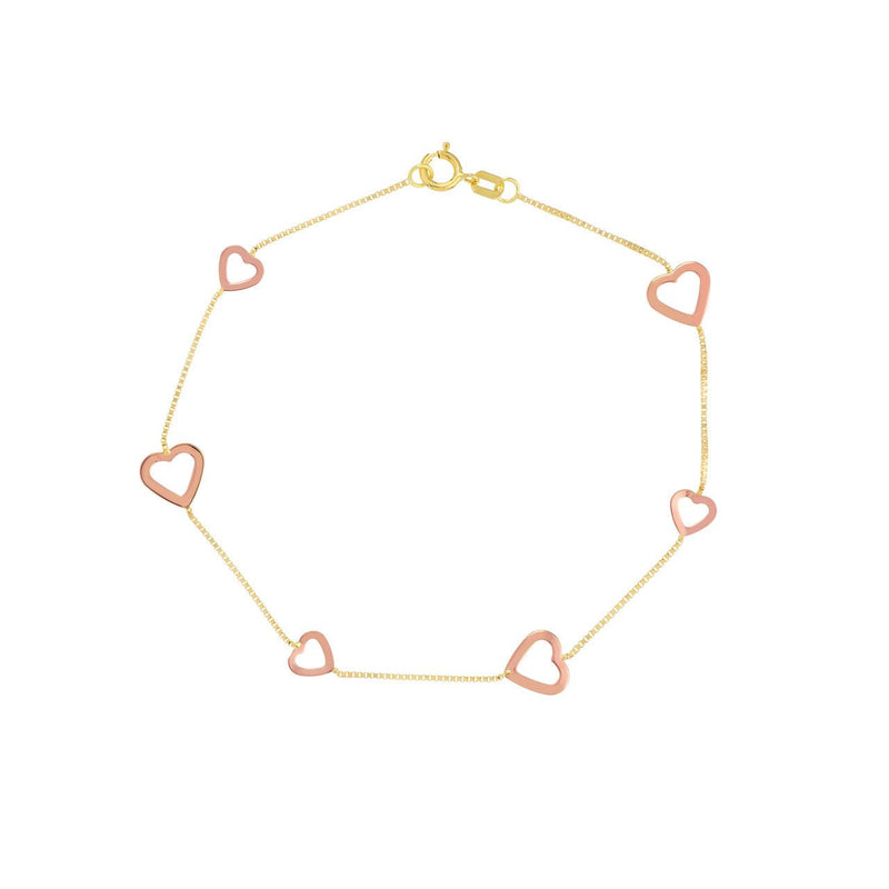 14K Two-Tone Gold Open Heart Box Chain Bracelet