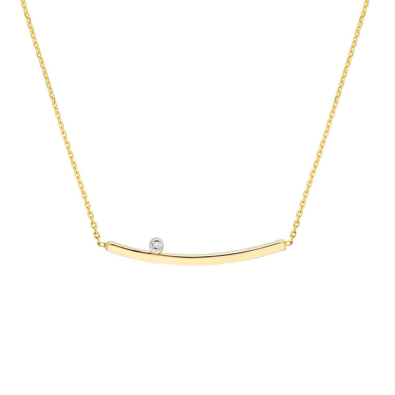 14K Two Tone Gold Thin Curve Bar with Diamond Bezel Pendant Necklace