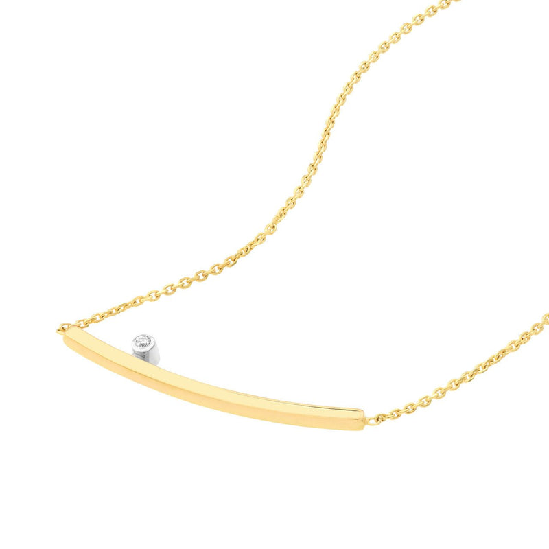 14K Two Tone Gold Thin Curve Bar with Diamond Bezel Pendant Necklace