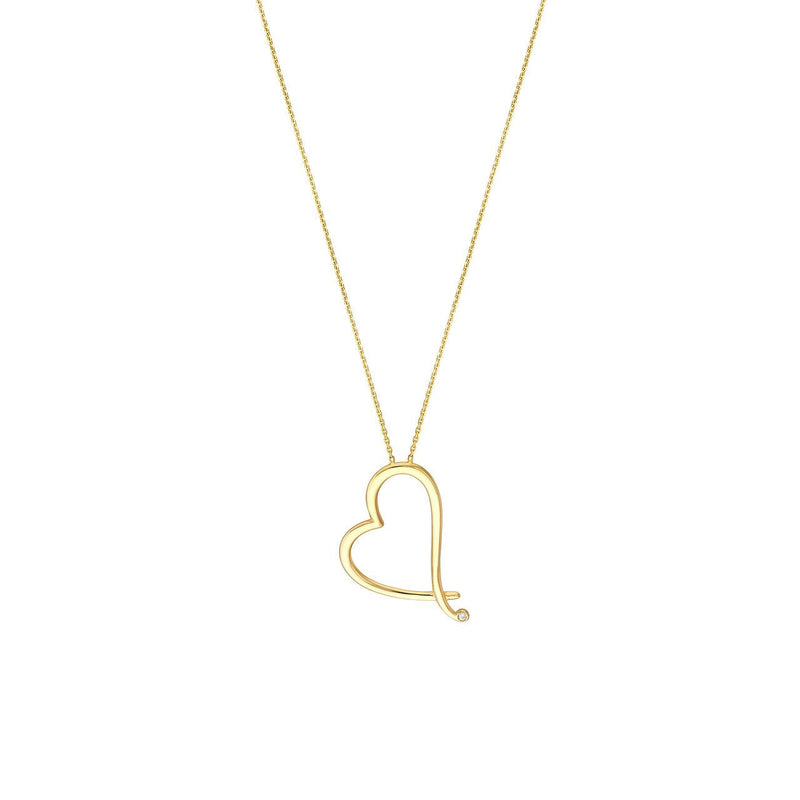 14K Gold Tilted Open Diamond Heart Pendant Necklace