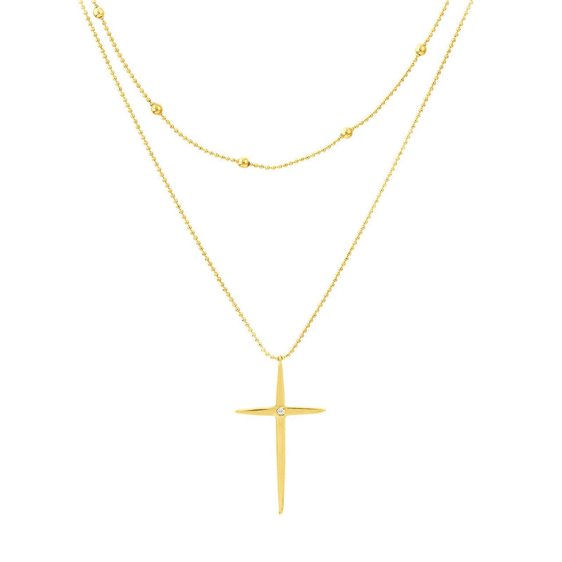 14K Gold Sharp Cross Diamond Layered Bead Necklace