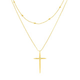 14K Gold Sharp Cross Diamond Layered Bead Necklace
