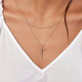 14K Gold Sharp Cross Diamond Layered Bead Necklace