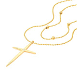 14K Gold Sharp Cross Diamond Layered Bead Necklace