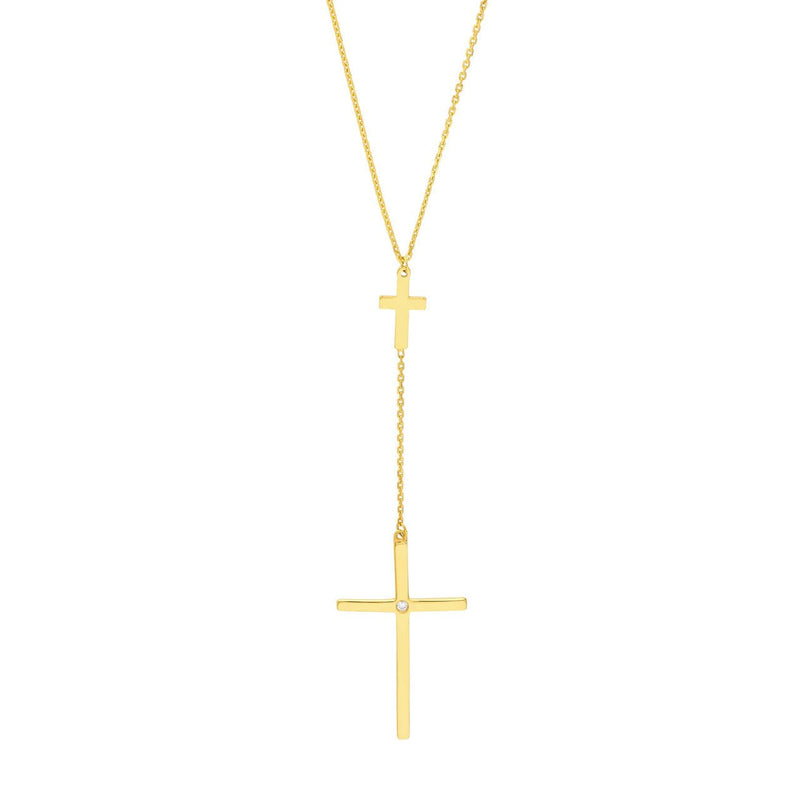 14K Gold Solo Diamond Inset Cross Lariat Pendant Necklace