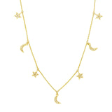 14K Gold Diamond Moon and Stars Station Necklace