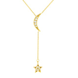 14K Gold Moon and Star Diamond Lariat Pendant Necklace