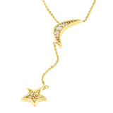 14K Gold Moon and Star Diamond Lariat Pendant Necklace