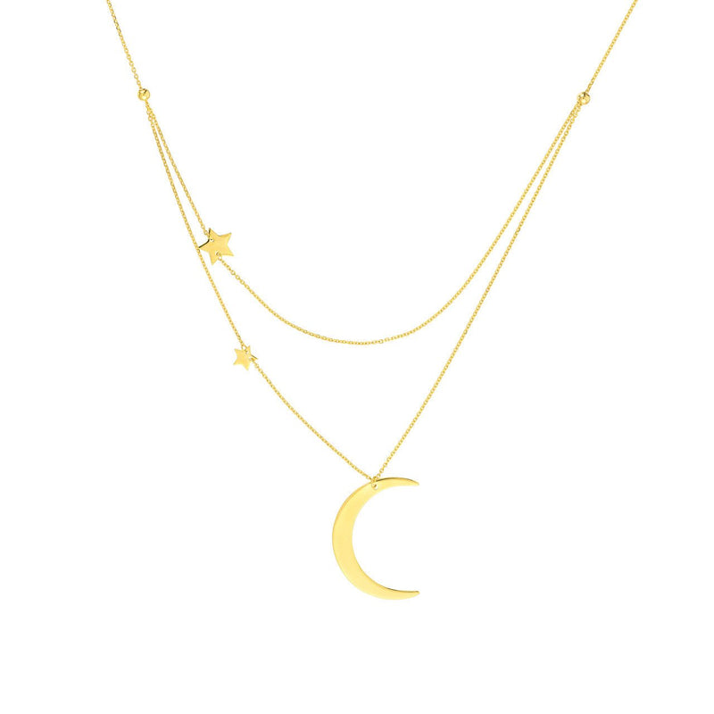 14K Gold Layered Crescent Moon and Stars Necklace