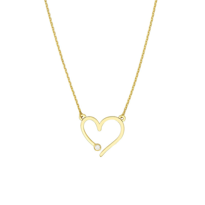 14K Gold Open End Diamond Bezel Heart Pendant Necklace