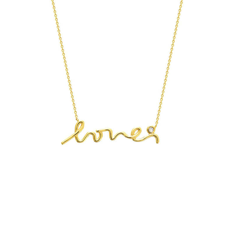 14K Gold Cursive Love Pendant with Diamond Bezel