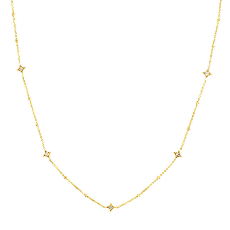 14K Gold Diamond Star Bezels and Bead Necklace