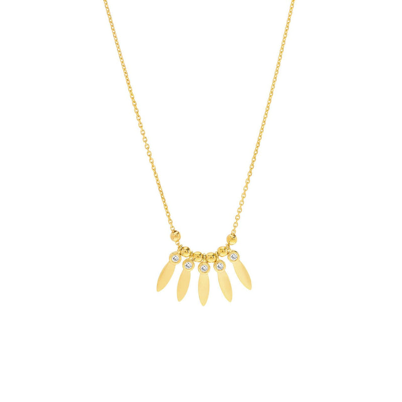 14K Gold Diamond Leaf Bezel and Bead Necklace