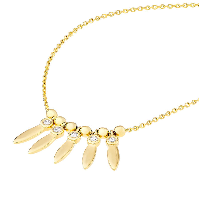 14K Gold Diamond Leaf Bezel and Bead Necklace