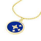 14K Gold Navy Blue Enamel Stars and Diamond Disc Pendant Necklace