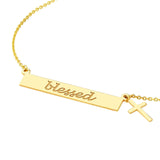 14K Gold Blessed Bar Pendant with Dangling Cross
