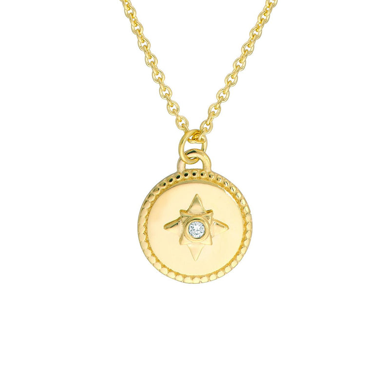 14K Gold Small Diamond North Star Circle Pendant Necklace