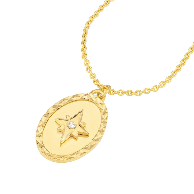 14K Gold North Star Diamond Oval Pendant Necklace