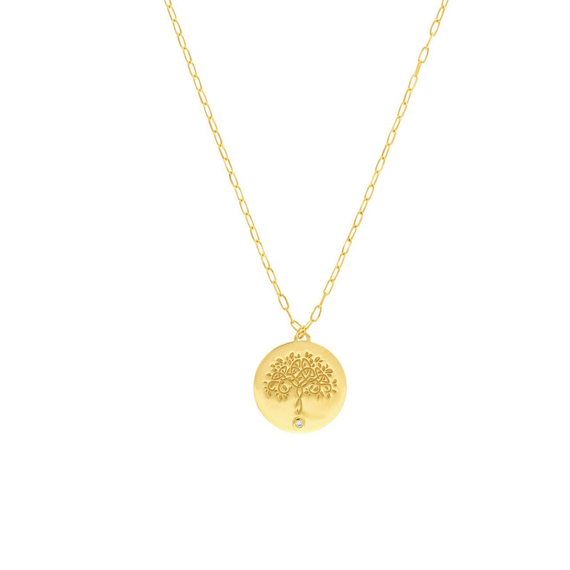 14K Gold Tree of Life Disk Diamond Pendant Necklace