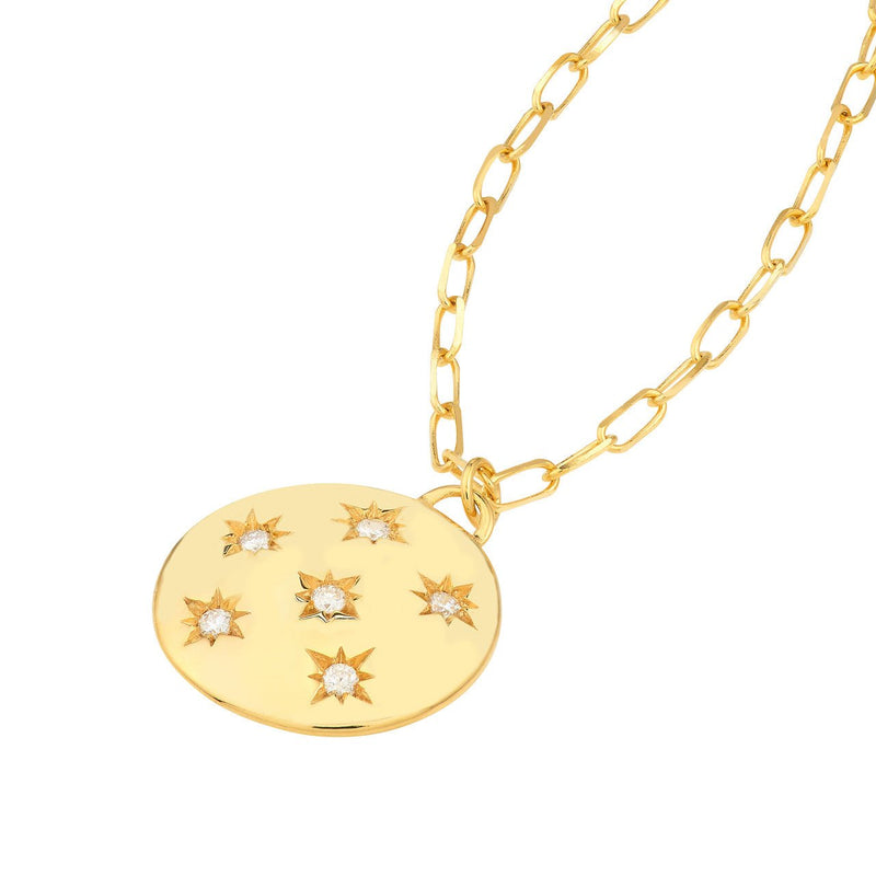 14K Gold Diamond Star Disk Pendant Necklace