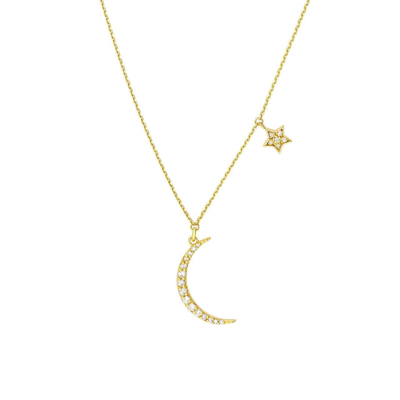14K Gold Diamond Moon Pendant and Star Charm Necklace