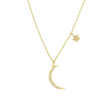 14K Gold Diamond Moon Pendant and Star Charm Necklace