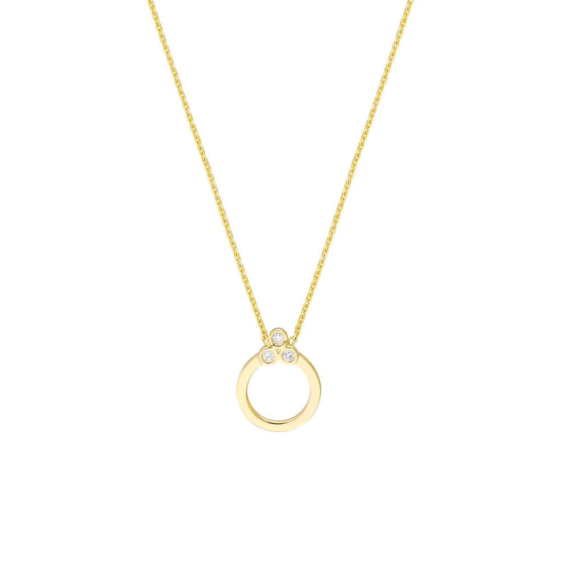 14K Gold Three Stone Diamond Halo Pendant Necklace