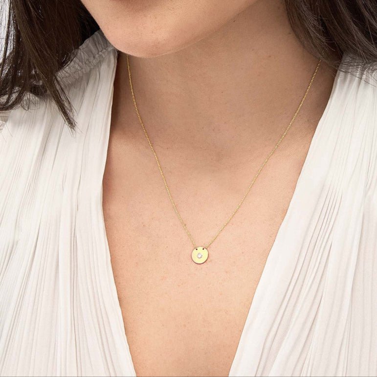 14K Gold Diamond Bezel Disk Pendant Necklace