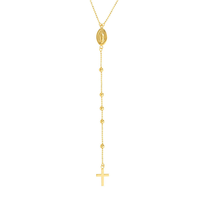 14K Gold Virgin Mary with Cross Beaded Necklace