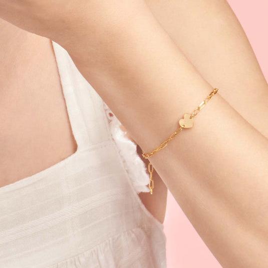14K Gold Heart Charm Paper Clip Bracelet
