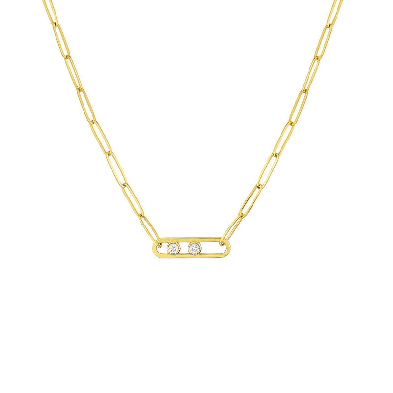 14K Gold Two Diamond Bezel Paper Clip Necklace