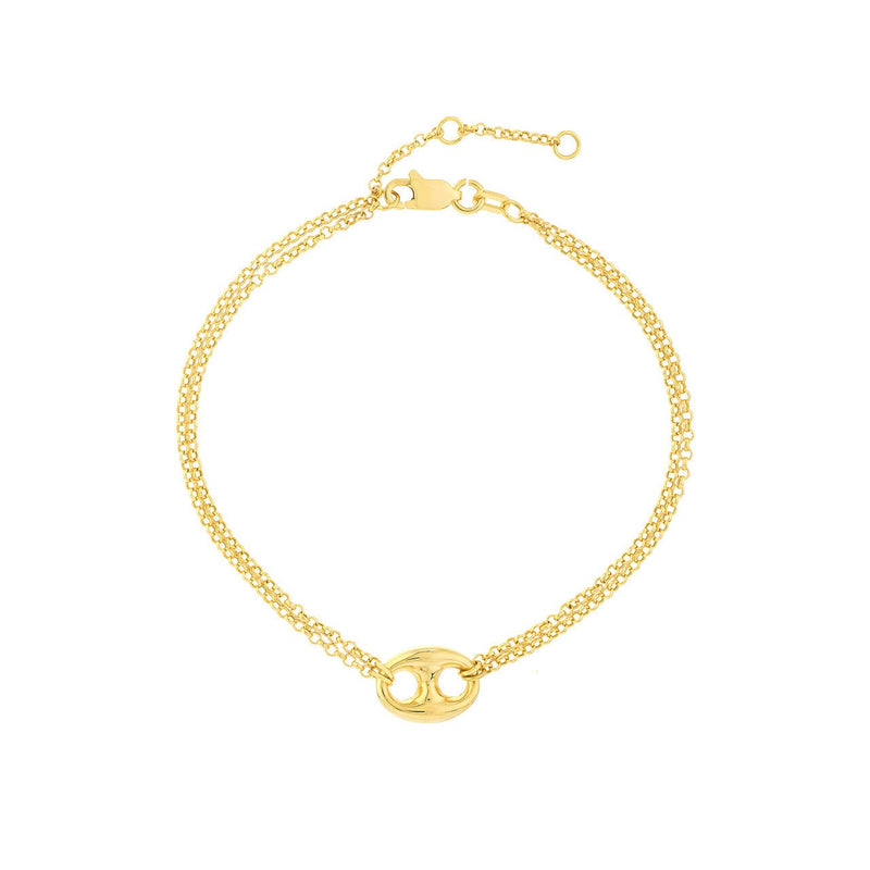 14K Gold Double Chain with Puff Mariner Link Charm Bracelet