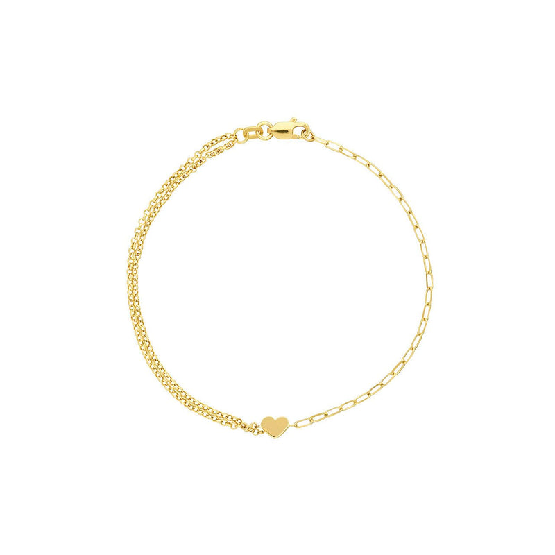 14K Gold Half Paper Clip Half Double Rolo Chain Heart Bracelet