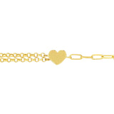 14K Gold Half Paper Clip Half Double Rolo Chain Heart Bracelet