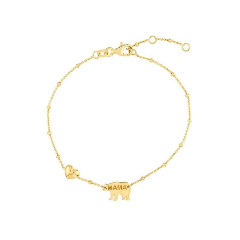 14K Gold Mama Bear and Puffed Heart Bracelet