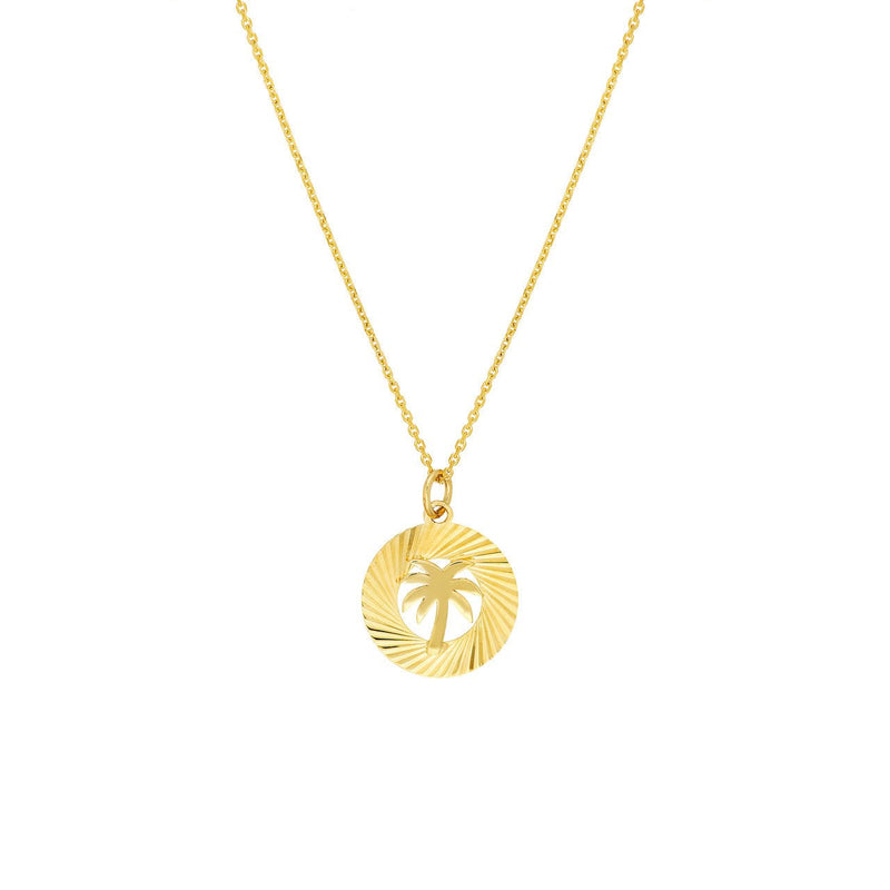 14K Gold Fluted Palm Tree Disc Pendant Necklace