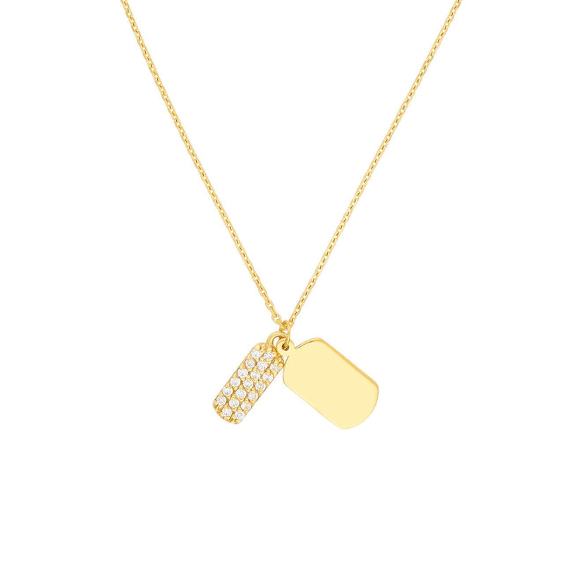 14K Gold Mini Double Dog Tag Diamond Pendant Necklace