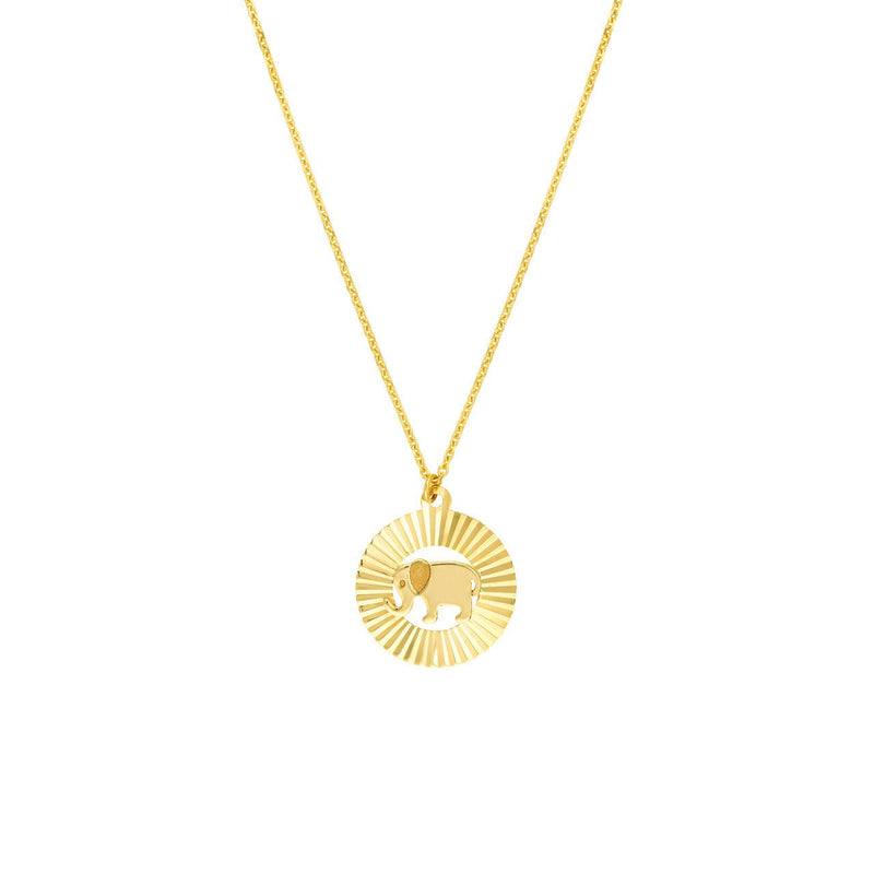 14K Gold Fluted Elephant Disc Pendant Necklace